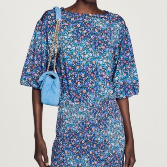 NWOT Sandro Spinelle Floral Print Cutout Back Dress in Blue XS $340 - Picture 1 of 12